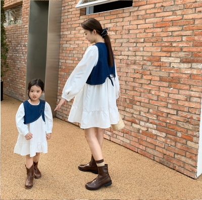 Play Together Parent-Child Dress Mother-Daughter Korean Style Denim Vest Dress 2-Piece Set Girls Spring New Dress