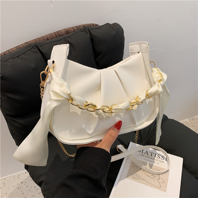 Korean Style Fashionable One-Shoulder Underarm Bag Western Style Silk Scarf Chain Portable Pleated Cloud Bag 2022 New Crossbody Women's Bag