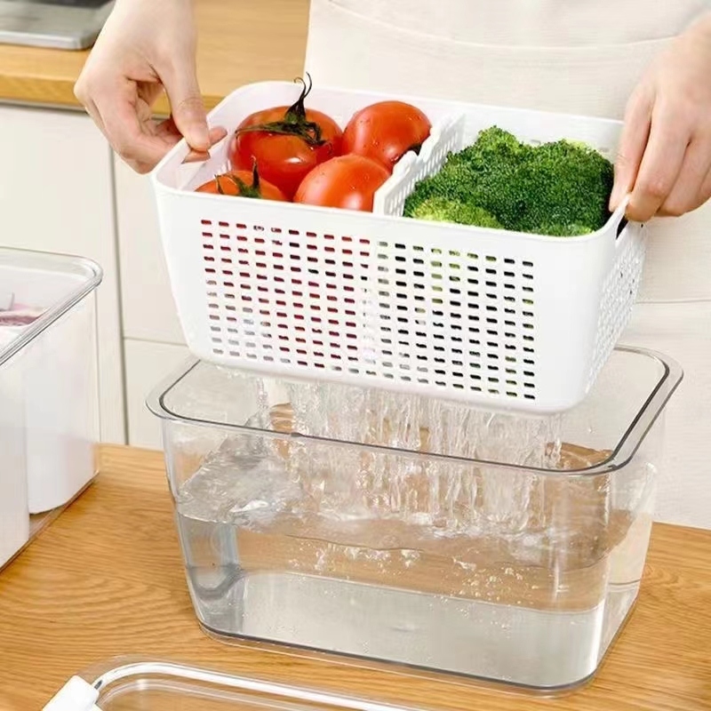 沥水保鲜蓝沥水筐保鲜盒厨房用品塑料水果收纳筐日式密封盖沥水篮