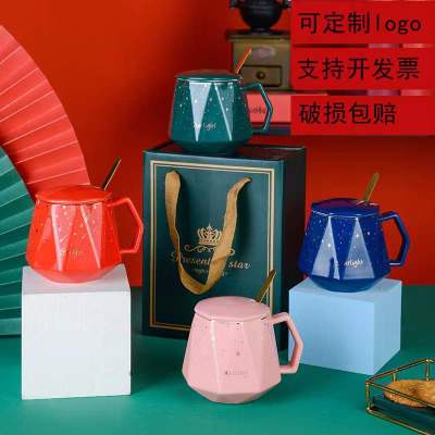European-Style Starry with Cover Spoon Diamond Cup Starry Sky Couple Holiday Gift Ceramic Cup Household Wholesale Mug