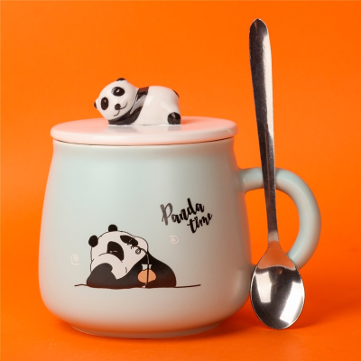 Panda Cartoon Color Glaze Animal Cover Mug with Cover Spoon Creative Hand Painted Panda Ceramic Water Cup Breakfast Coffee Cup