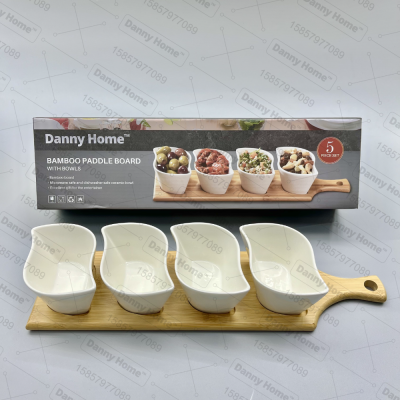 Danny Home Ceramic Grid Dish Creative with Bamboo Wood Supporting Plate Dessert Snack Dish Sauce Seasoning Dish Ceramic Plate