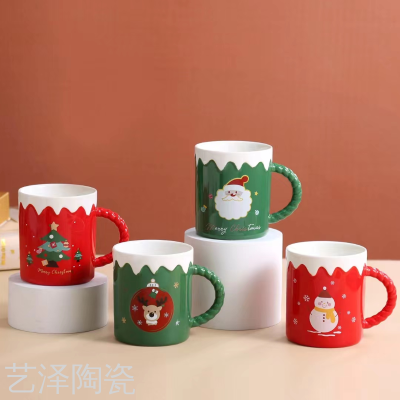 Christmas Ceramic Cup Embossed Mug Color Glaze Coffee Cup Cute Water Glass