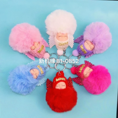 Cute Sleeping Doll Keychain Imitation Rabbit Fur Angel Baby Love Doll Closed Eyes Woolen Cap Doll