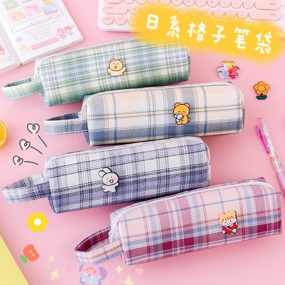 Japanese Style Simple Plaid Pencil Case Student Large Capacity Handheld Canvas Stationery Pencil Bag Pencil Case Salt Ins Style Storage Bag