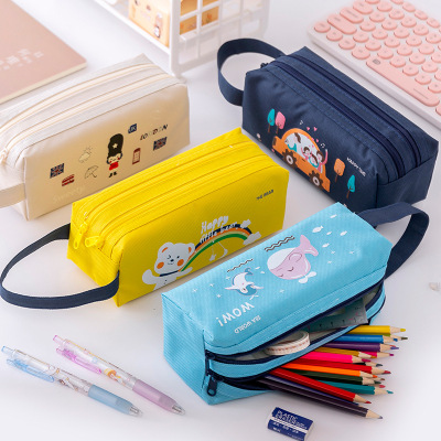 Double-Layer Large Capacity Oxford Fabric Pencil Bag Creative Students Cartoon Stationery Bag Double-Zipper Handbag Pencil Bag Wholesale