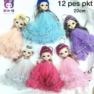 New 20cm Wedding Dress Keychain Doll Autumn and Winter Woolen Hat Barbie Doll Lace 3D Real Eye Toy Pendant