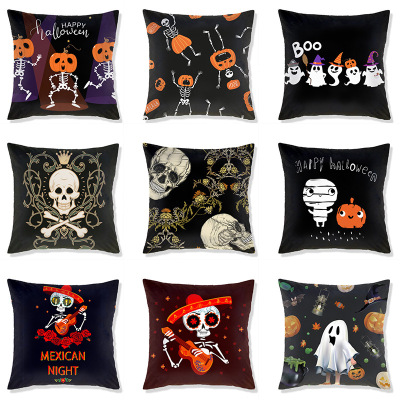 Cross-Border Amazon Halloween Pillow Cover New Peach Skin Fabric Skull Series Pillow Pumpkin Throw Pillowcase Wholesale