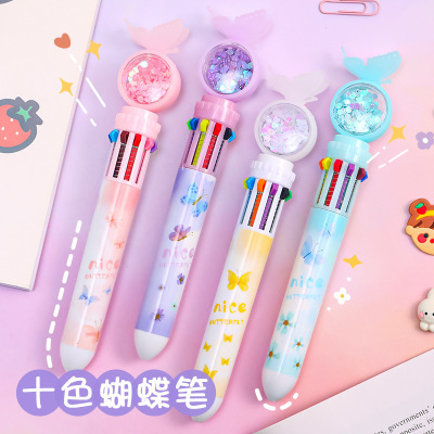 Cartoon Ten-Color Creative Ballpoint Pen Primary School Student Class Notes Multi-Color Marking Stationery New Press Butterfly Pen