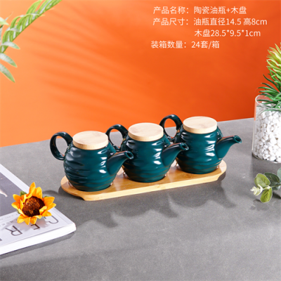 Factory Direct Sales Ceramic Tableware Ceramic Sealed Can Oiler 3 Multi-Shape Seasoning Containers Wooden Rack Can Be Customized