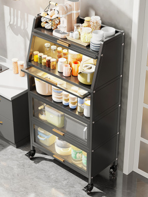 Kitchen Shelf Floor Flip Multi-Layer Locker Microwave Oven Pot Oven Wall Storage Shelf with Cabinet Door