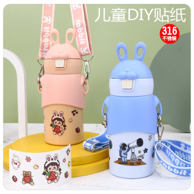 [Lingpan Vacuum Cup Preferred] Internet Celebrity Flexible Glue Buck Teeth Rabbit DIY Sticker Bottle for Children 316 Stainless Steel Water Cup