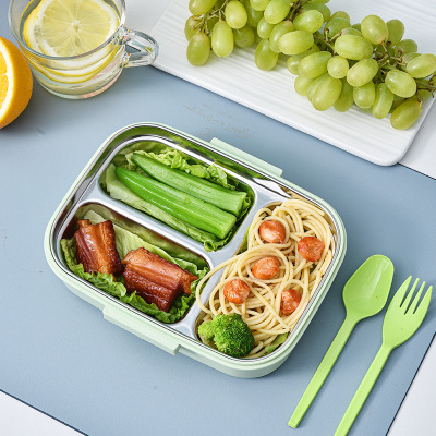 Stainless Steel Grid Plate with Spork Student Office Worker Bento Box with Lid Sealed Leak-Proof Lunch Box Wholesale