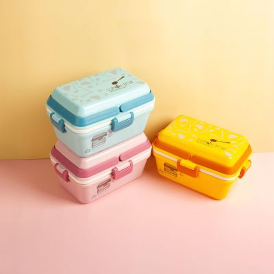 Portable Rectangular Double Layer Children's Bento Box with Tableware Spoon Sealed Buckle Lunch Box Office Lunch Box