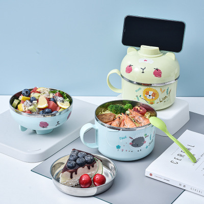Large Capacity Double Layer Instant Noodle Bowl Stainless Steel Liner Layered Insulation Lunch Box Mobile Phone Holder Lid Bento Box Home