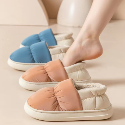 Cotton Slippers Women's Autumn and Winter Household Winter Warm Non-Slip Waterproof Couple Velvet Cotton Slippers Men's Bag Heel