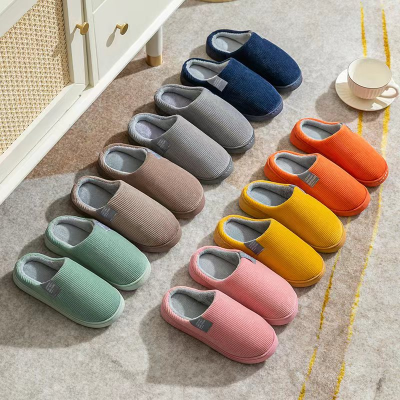 Cotton Slippers Shoes Men's and Women's Winter Heel Wrap Platform Type Non-Slip Couple Household Indoor Warm Corduroy Vertical Stripes Cotton Slippers