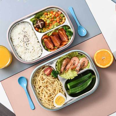 Stainless Steel Lunch Box Three-Grid Simple Solid Color Thermal Preservation Microwaveable Heating Student Office Worker Portable Lunch Box