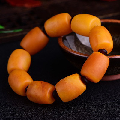 Generation Raw Ore Old Beeswax Bracelet Men's and Women's Yellow Chicken Grease Frosted Amber Barrel Shaped Bead Bracelet No Optimization