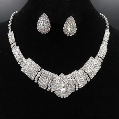 Cross-Border Recommendation European and American Bride Ornament Full Diamond Bridal Set Necklace Earrings Foreign Trade Ornament Accessories