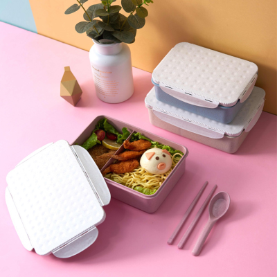 Wheat Straw Portable Lunch Box Microwave Oven Heating Pp Lunch Box Student Adult Square Cute Biscuit Plastic Lunch Box