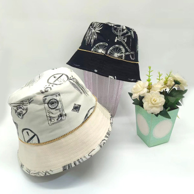 Printed Bucket Hat Korean Style All-Match Street Bucket Hat Sunshade Sun Protection Hat Face Cover Sun Hat Chain Trendy Cap Generation