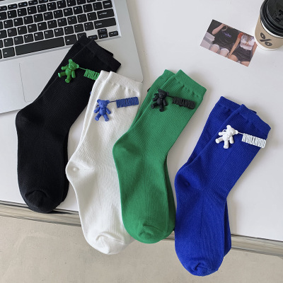 SocksINS Trendy Niche Three-Dimensional Bear Socks 2022 New Solid Color Popular Design Sense Long Socks Sport Mid-Calf Length Sock Women