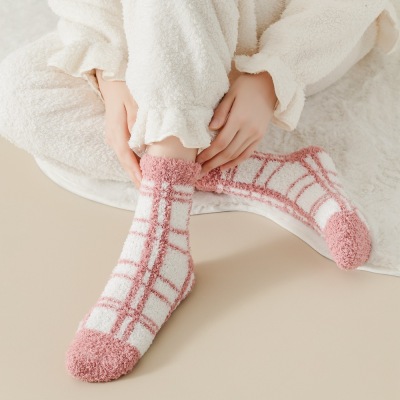 SocksWomen's Socks Fleece Lined Padded Warm Keeping Terry Sock Women's Soft Mid-Calf Plaid Socks Autumn and Winter Korean Style Floor Terry-Loop Hosiery