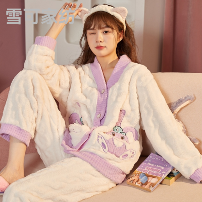 Coral Velvet Pajamas Women's Autumn and Winter Nightgown Cute Fleece-Lined Thickened Long Section Flannel Homewear Suit Split