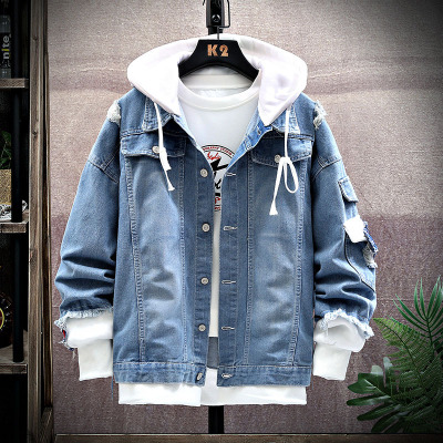 New Winter Fleece-Lined Handsome Fake Two-Piece Denim Jacket Men's Korean-Style Casual Denim Jacket