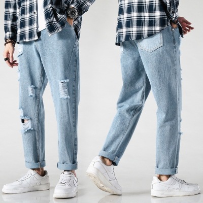 [One Piece Dropshipping] 2022 Summer Autumn New Style Ripped Leisure Jeans Men's Ankle Length Pants Fashion Brand Width