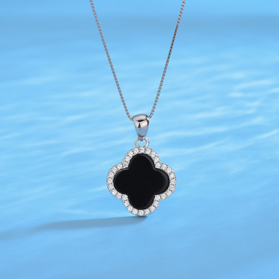 Women's Korean-Style Agate Clover Necklace S925 Sterling Silver Simple Temperament Clavicle Chain All-Matching Pendant Ornaments
