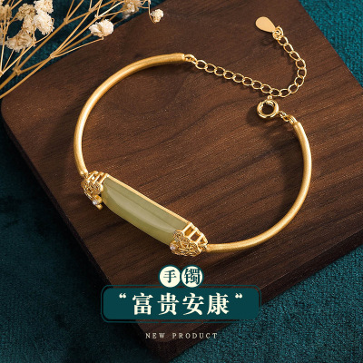 Ale Zhiyuan National Fashion New Bracelet Grinding Technology Inlaid Imitation Hetian Jade Green Jade Jewelry Matching Ancient Costume