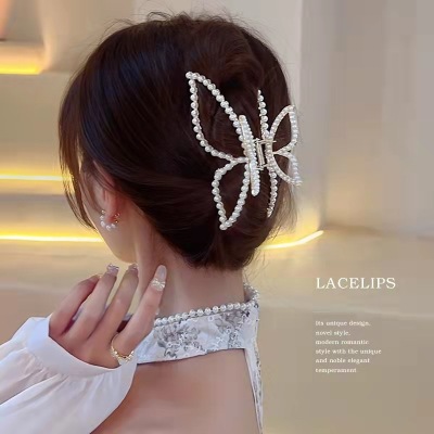 2022 New Korean Style Large Butterfly Pearl Grip Women's Back Head Shark Clip Updo Hair Clip Headdress