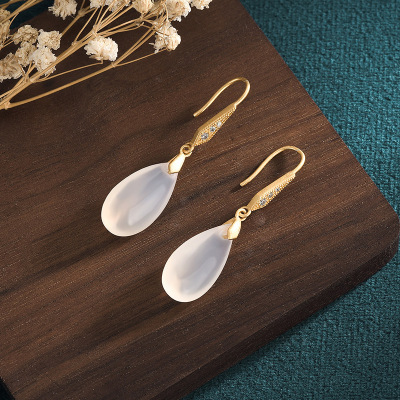 Xiaohongshu Same Style Chinese Style Classical Cheongsam Earrings 925 Silver Needle Natural Water Drop Chalcedony Agate Earrings Earrings