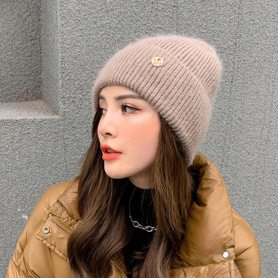 Hat Ladies New Rabbit Fur Knitted Hat Internet Celebrity Letters M Standard Woolen Cap Warm Hat Earmuffs Hat