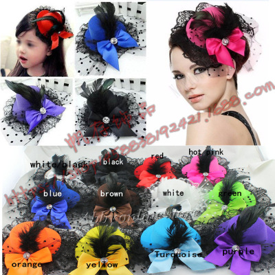 Korean Style Performance Feather Lace Bow Billycock Large Feather Headwear Internet Celebrity Hair Clip Hairpin Rhinestone Hairpin