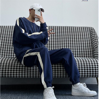 Autumn New Side Striped Crew Neck Casual Sports Suit Men and Women Couple Fried Street Loose Sweater Sweatpants Set