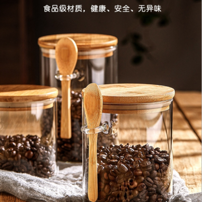 Borosilicate Glass Storage Tank Sealed Tank Glass Tea Can with Wooden Spoon