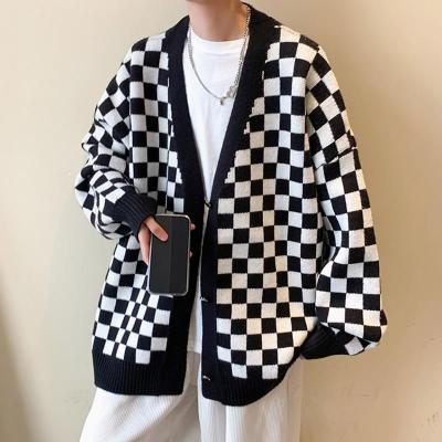 Chessboard Plaid Cardigan Sweater Men's Autumn Loose and Lazy Style Knitwear Ins Fashion Brand Trend Casual Sweater Coat
