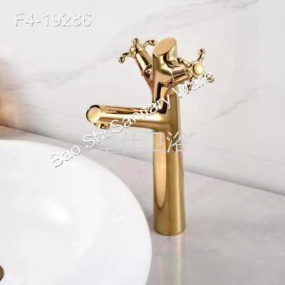European-Style Refined Golden Double Handle Single Hole Branch Shape Copper Basin Faucet Hot and Cold Water Double Open