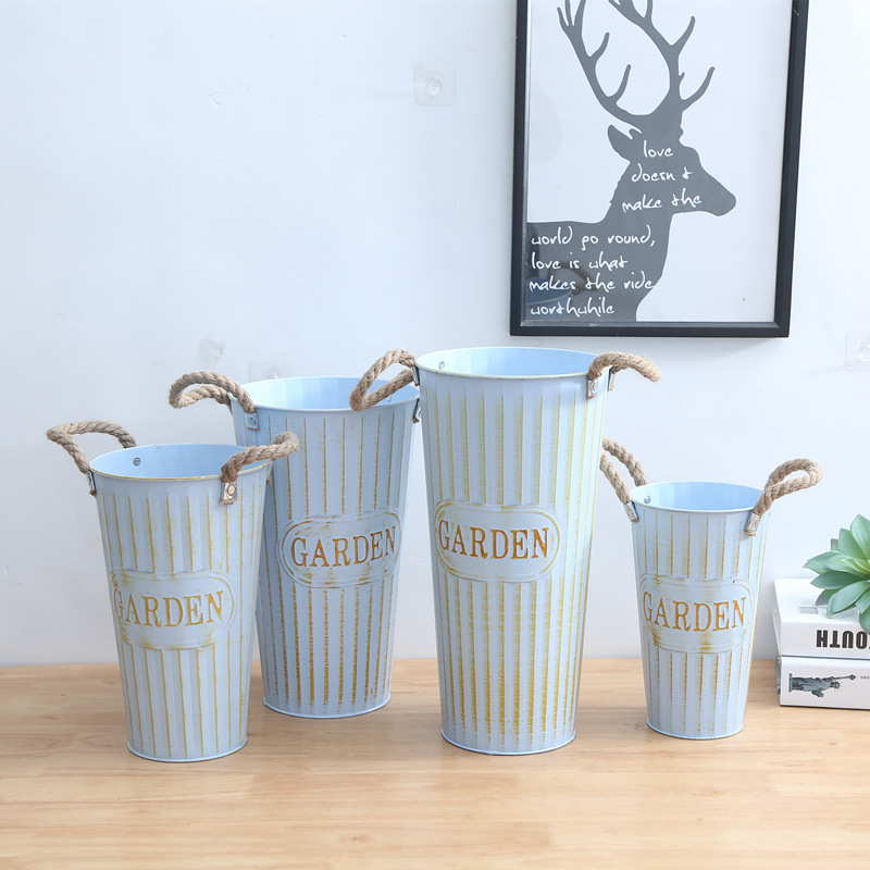 复古做旧铁花桶铁皮桶花店干花桶铁艺家用醒花桶创意花器