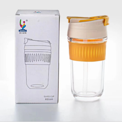 Double Drink Glass Cup Female Cute Straw Cup Portable Portable Cup Milk Cup Large Capacity Glass Straw Cup
