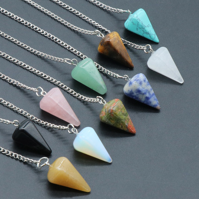 1295-Hexagonal Cone Pink Crystal Tiger Eye Spirit Pendulum Natural Agate Crystal Gem Cone Pendant DIY Crystal Pendant