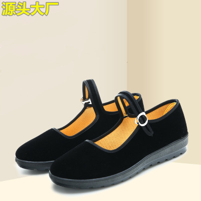 Spring Old Beijing Cloth Shoes Female Black Velveteen Shoes Hotel Black Work Shoes Buckle Dance Middle-Aged Mother Cloth Shoes