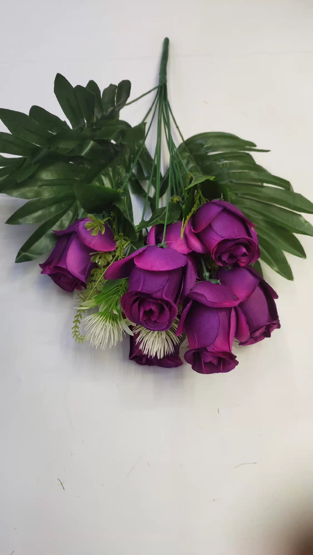 外贸仿真花婚庆装饰13叉7头大叶玫瑰把花厂家直销批发