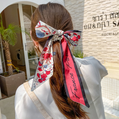 Korean Style Ribbon Women 'S Bow Tie Hair Ponytail Hair String Silk Scarf Pearl Rainbow Hair Ring Internet Celebrity Hair Accessories