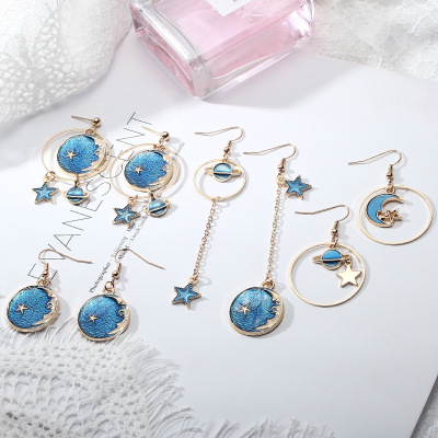 Tassel Earrings Wholesale Blue Starry Sky Planet Ear Ring Long Asymmetric Eardrops Ear Studs Moon Earrings Cross-Border