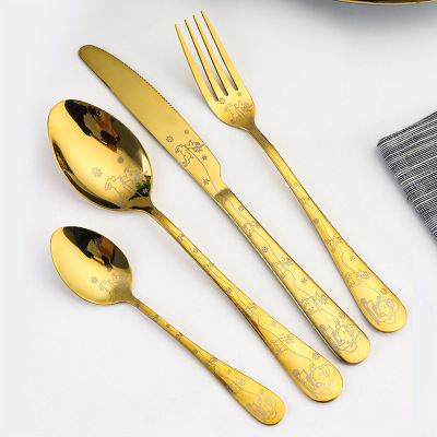 1010 Series Stainless Steel Western Tableware Vacuum Titanium-Plated Laser Christmas Logo Hotel Western Food Knife, Fork and Spoon Four-Piece Set