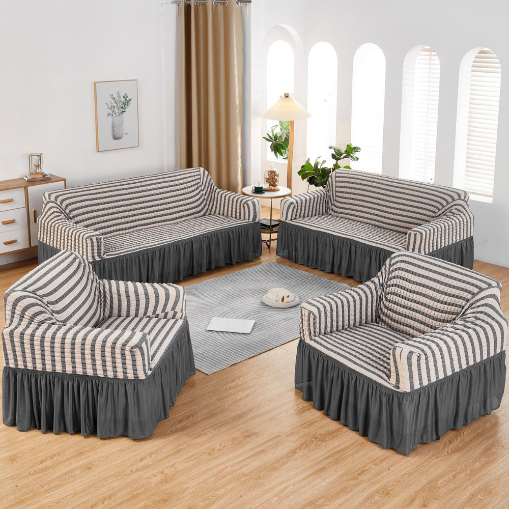 【条纹泡泡格沙发套】双色单色菠萝格泡泡沙发罩可定制带下摆